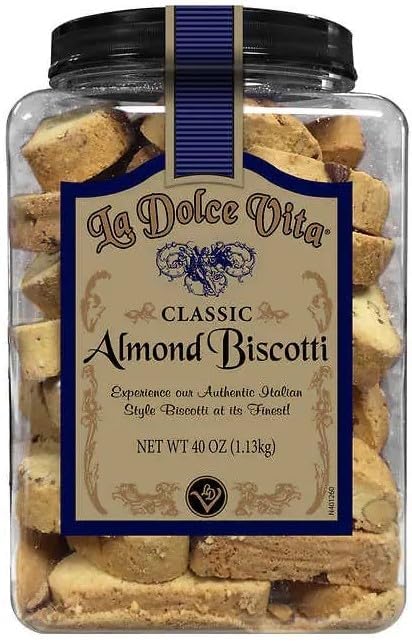 La Dolce Vita Classic Almond Italian Biscotti Cookies, Gourmet Coffee & Tea Dipping Snack, 40 oz Jar