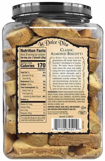 La Dolce Vita Classic Almond Italian Biscotti Cookies, Gourmet Coffee & Tea Dipping Snack, 40 oz Jar