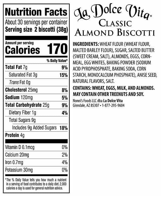 La Dolce Vita Classic Almond Italian Biscotti Cookies, Gourmet Coffee & Tea Dipping Snack, 40 oz Jar