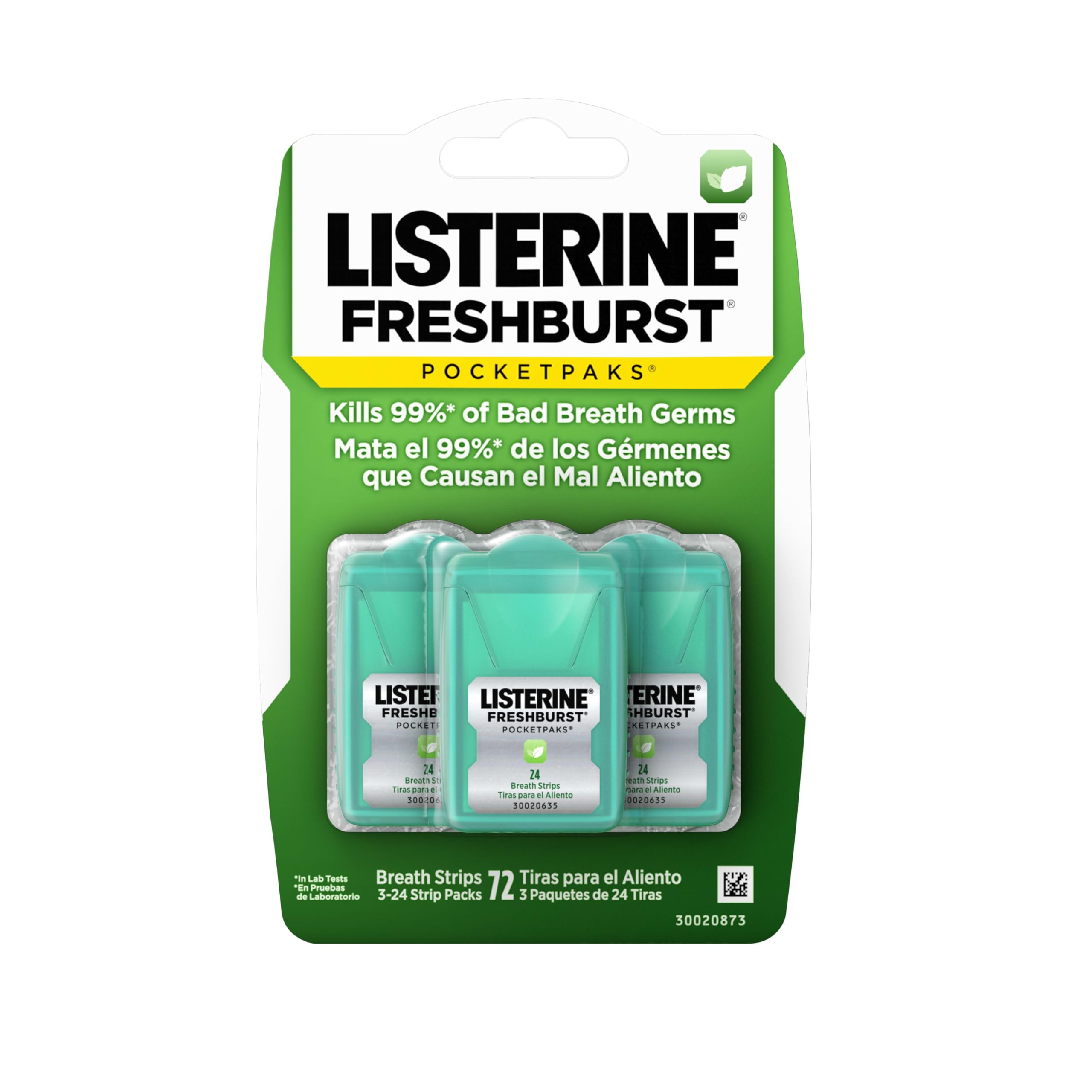 Listerine PocketPaks Cool Mint Breath Strips, Portable Pocket-Sized Oral Care Mouth Freshener, Dissolving Strips Kill 99% of Bad Breath Germs, Sugar Free, 3 x 24-Strip Packs
