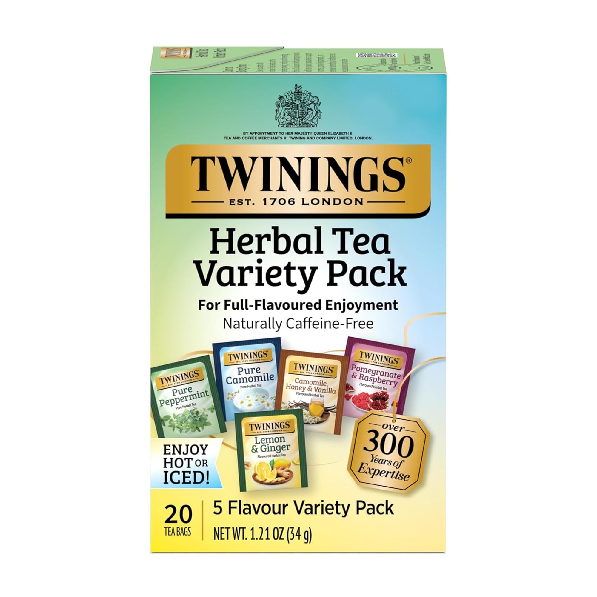 Twinings Lemon & Ginger Herbal Tea Individually Wrapped Bags, 100 Count (Pack of 1), Tangy Lemon, Spicy Ginger, Naturally Caffeine-Free, Enjoy Hot or Iced, 100 Teabags