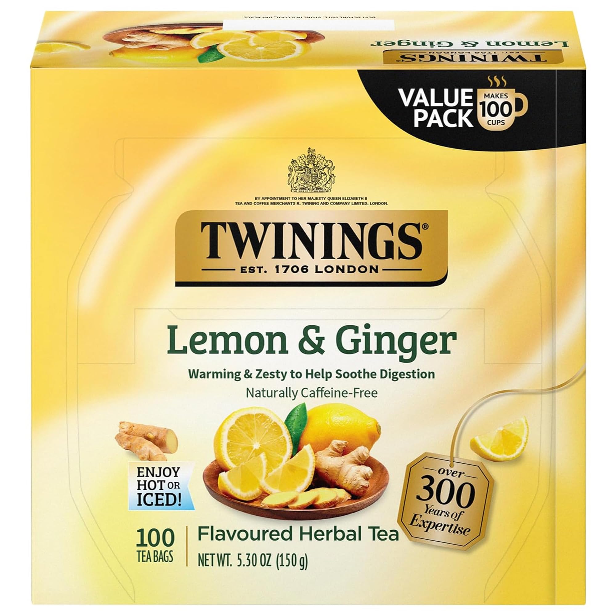 Twinings Lemon & Ginger Herbal Tea Individually Wrapped Bags, 100 Count (Pack of 1), Tangy Lemon, Spicy Ginger, Naturally Caffeine-Free, Enjoy Hot or Iced, 100 Teabags