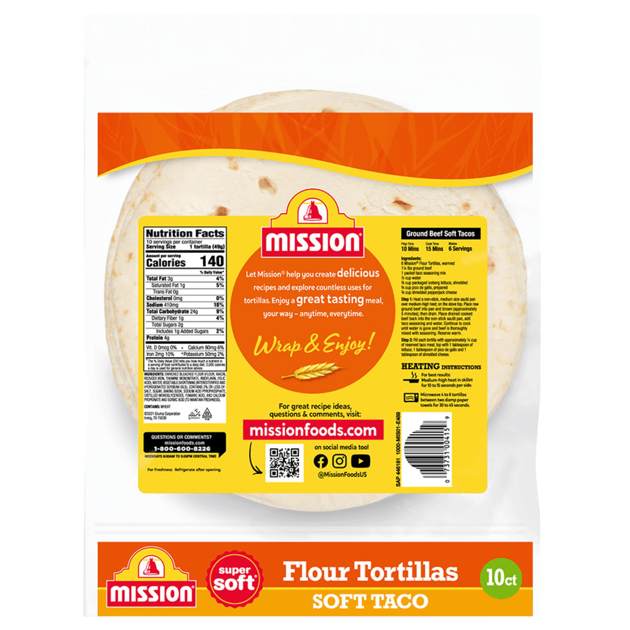 Mission Soft Taco Flour Tortillas, Medium Size, 10 Count, Trans Fat Free