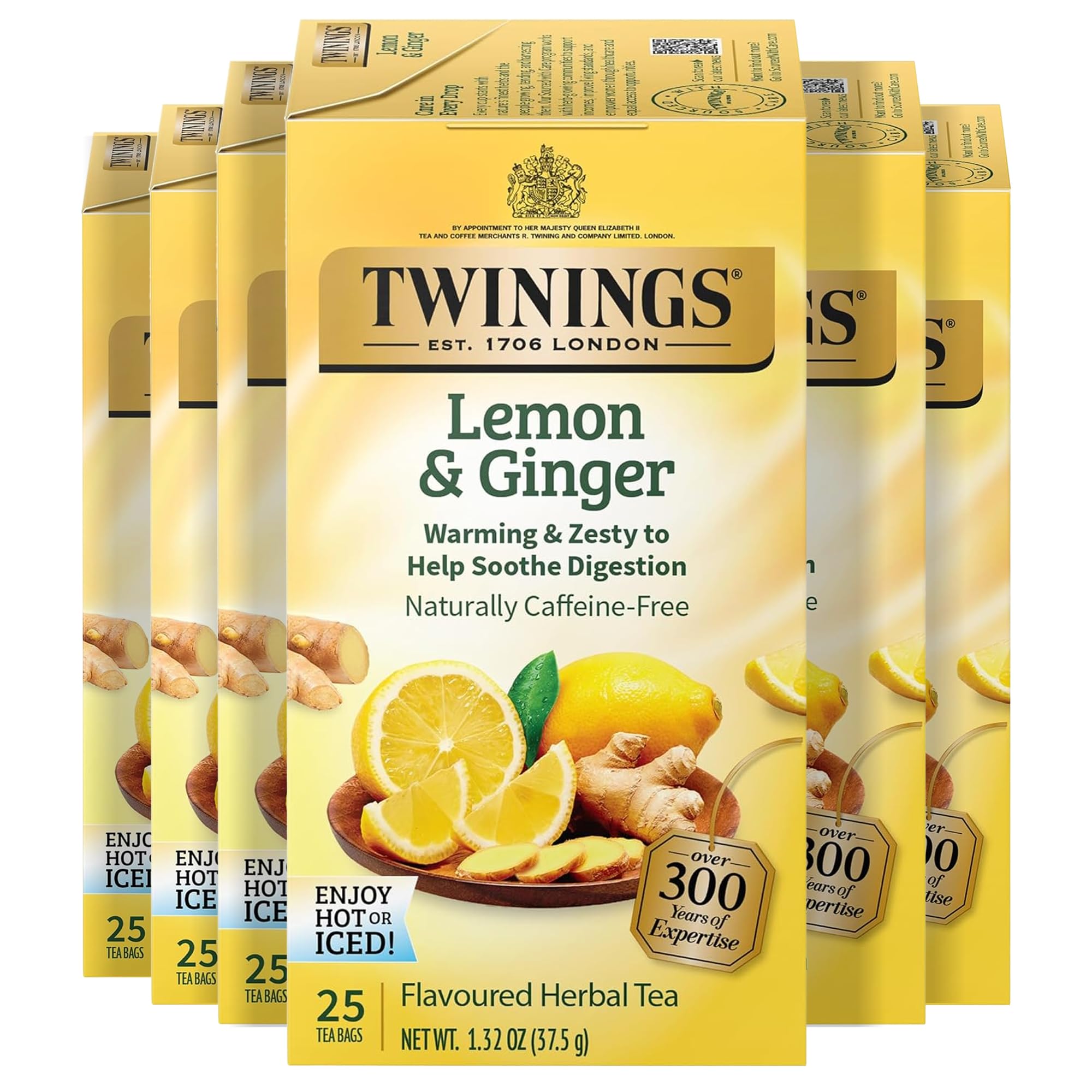 Twinings Lemon & Ginger Herbal Tea Individually Wrapped Bags, 100 Count (Pack of 1), Tangy Lemon, Spicy Ginger, Naturally Caffeine-Free, Enjoy Hot or Iced, 100 Teabags