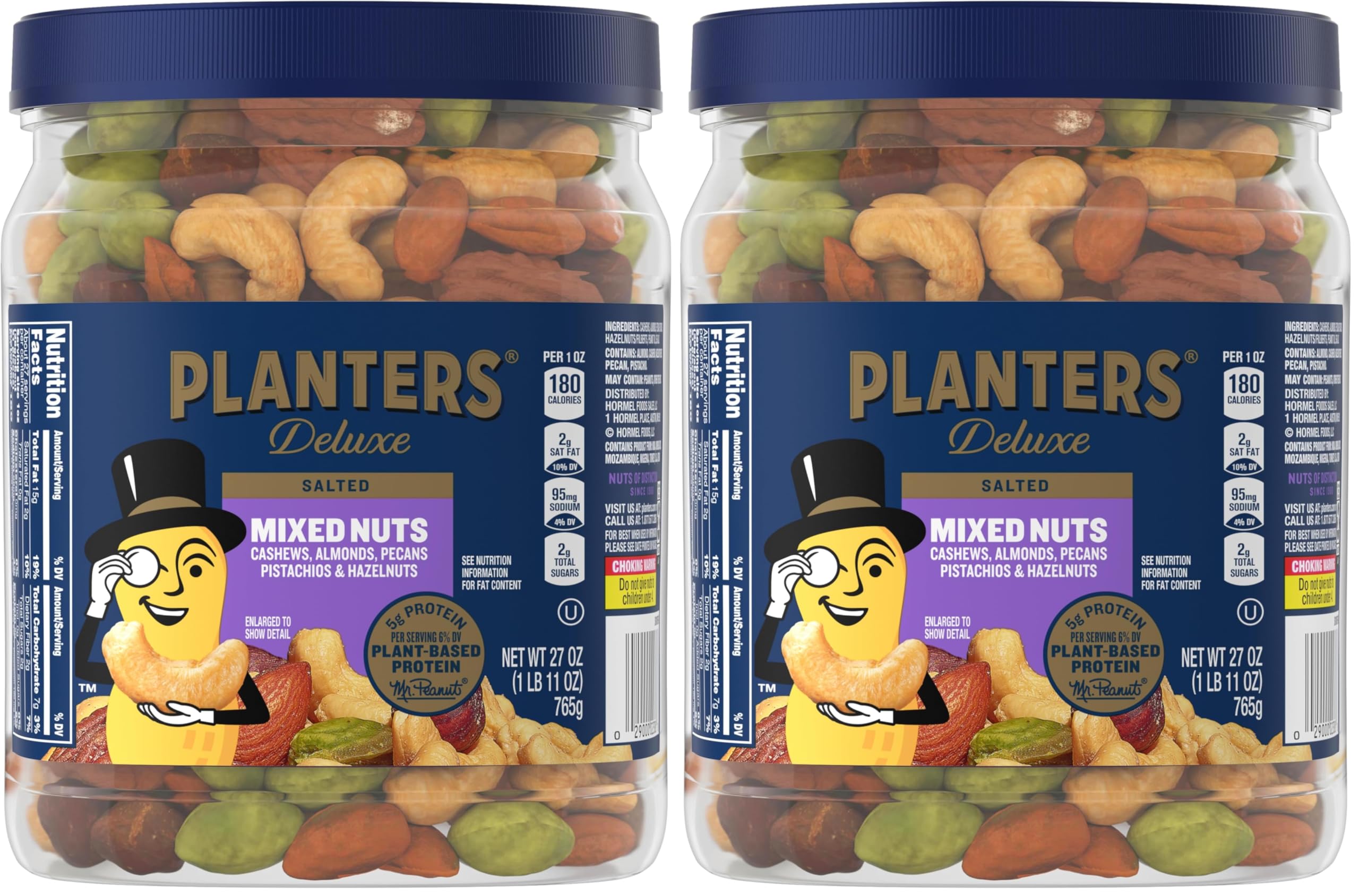 PLANTERS Deluxe Mixed Nuts with Sea Salt, 27 oz Resealable Container - Variety Mixed Nuts Snacks with Cashews, Almonds, Pecans, Pistachios & Hazelnuts - Energy Boost - Kosher
