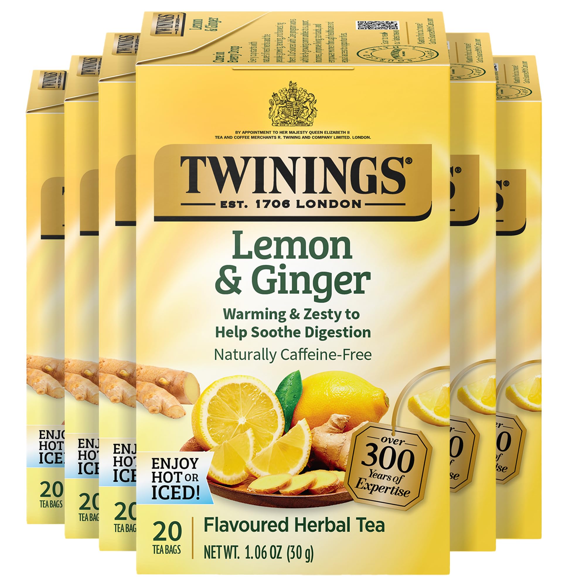 Twinings Lemon & Ginger Herbal Tea Individually Wrapped Bags, 100 Count (Pack of 1), Tangy Lemon, Spicy Ginger, Naturally Caffeine-Free, Enjoy Hot or Iced, 100 Teabags