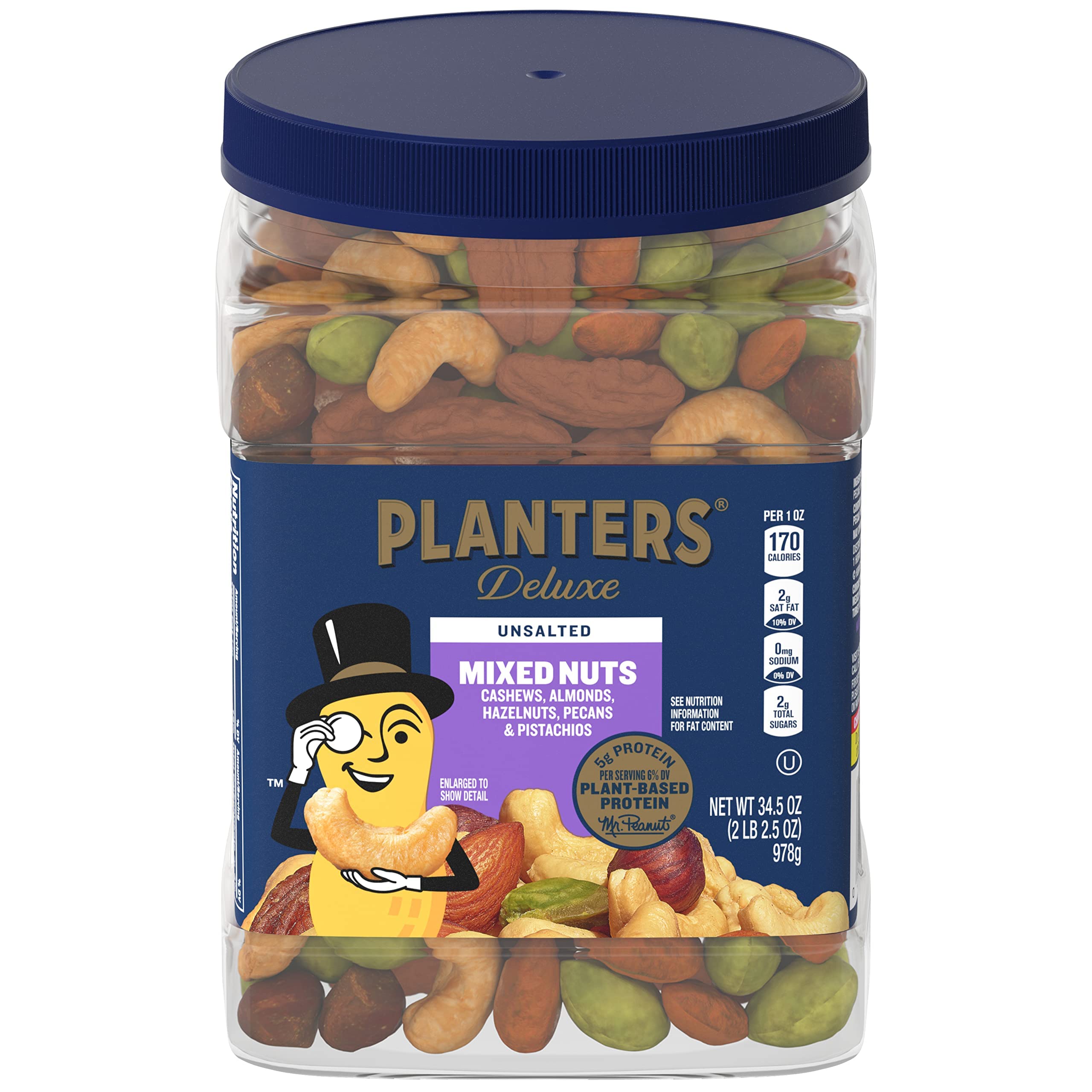 PLANTERS Deluxe Mixed Nuts with Sea Salt, 27 oz Resealable Container - Variety Mixed Nuts Snacks with Cashews, Almonds, Pecans, Pistachios & Hazelnuts - Energy Boost - Kosher