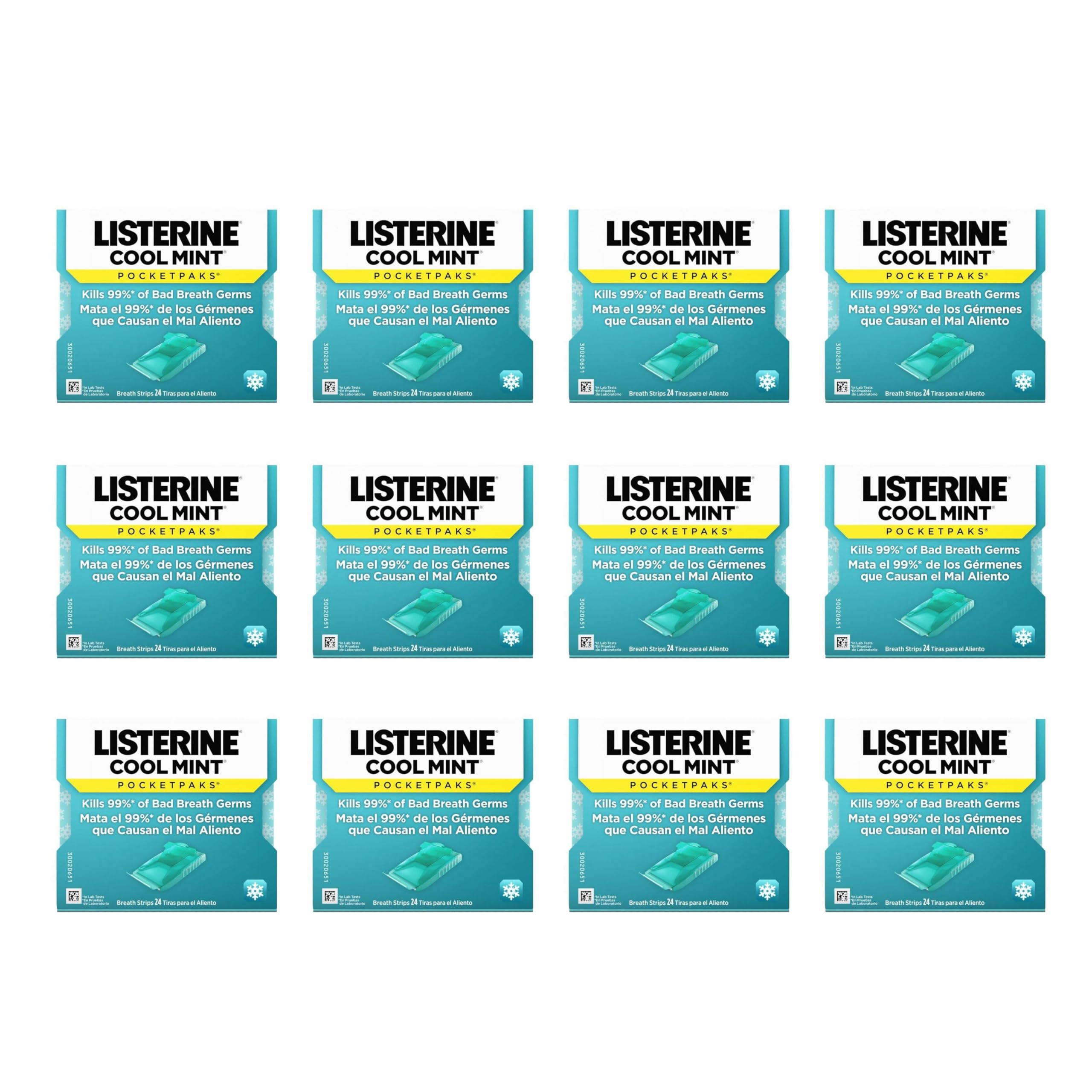 Listerine PocketPaks Cool Mint Breath Strips, Portable Pocket-Sized Oral Care Mouth Freshener, Dissolving Strips Kill 99% of Bad Breath Germs, Sugar Free, 3 x 24-Strip Packs