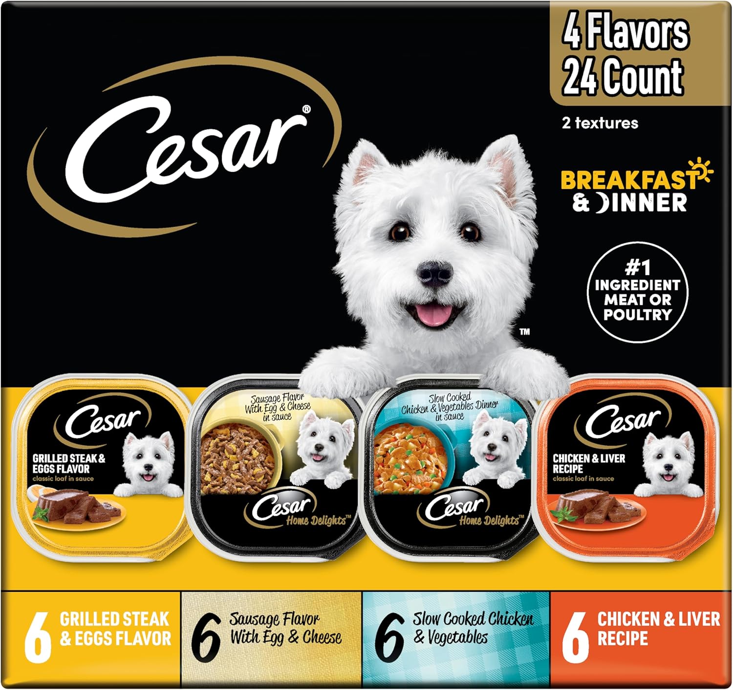 Cesar Adult Wet Dog Food Steak Lovers Variety Pack with Real Meat, 3.5 oz. Easy Peel Trays, 36 Count