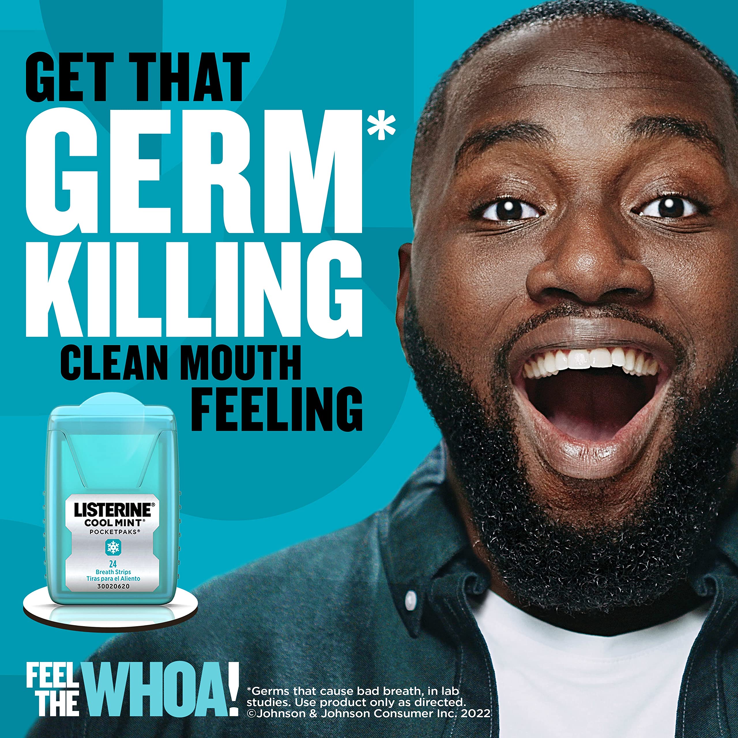 Listerine PocketPaks Cool Mint Breath Strips, Portable Pocket-Sized Oral Care Mouth Freshener, Dissolving Strips Kill 99% of Bad Breath Germs, Sugar Free, 3 x 24-Strip Packs